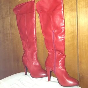 Red leather 3-inch heel boots