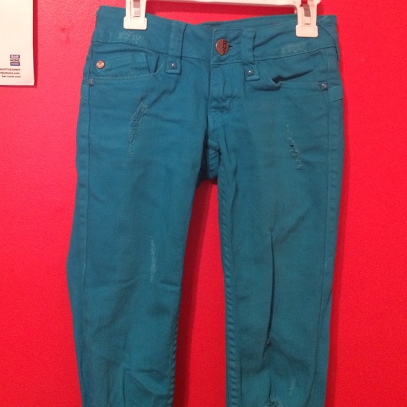 Teal Slightly Distressed Skinny Jeans