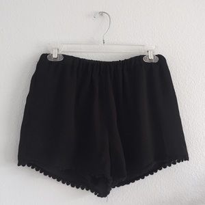 Crochet Trim Black Chiffon Shorts