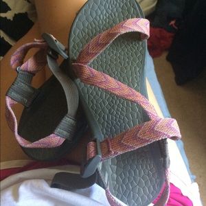 Pink and orange chevron Chacos