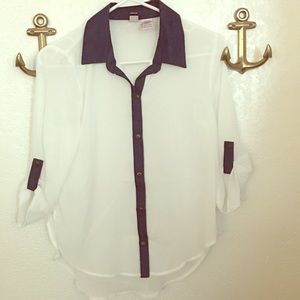 Sheer button down blouse with denim accents