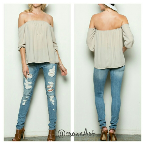 🌻🌼HP🌼🌻   Taupe Off Shoulder Loose Fit Blouse - Picture 2 of 4