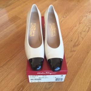 Cream w/black Salvatore Ferragamo pumps