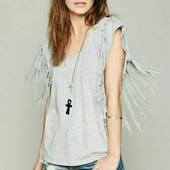 Free People heather grey FANTASY FRINGE TEE - Picture 2 of 3