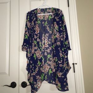 CHICNOVA: Floral Print Half Sleeves Blue Kimono