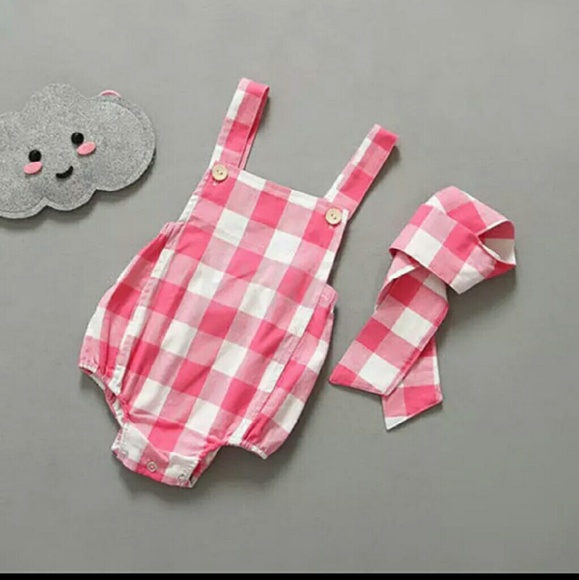 HP! NEW Baby Checkered Overall Romper w/ Headband - Picture 2 of 3