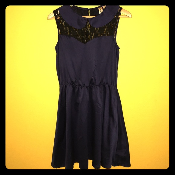 Navy blue collared satin dress