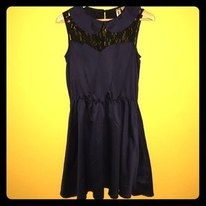 Navy blue collared satin dress