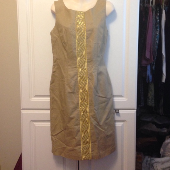Vintage  sheath dress gold aztec design Sz 8