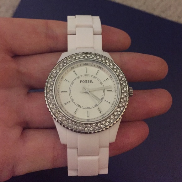 White Fossil Watch with Crystal Embellishments
