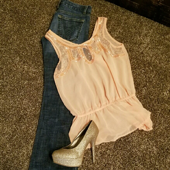 Blush Pink Sequin Peplum Sheer Top
