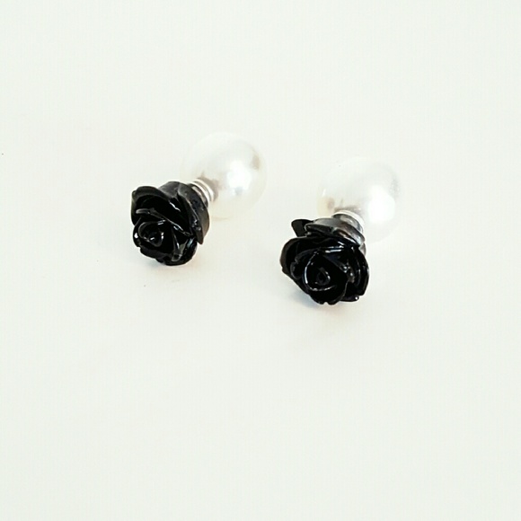 Black Rose and Pearl Front to Back Earrings