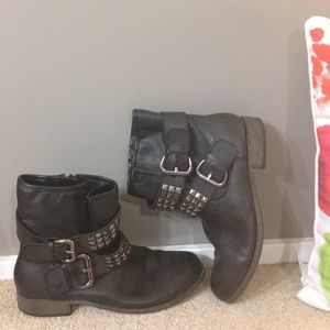 Black Moto Boots with 2 Studded Buckle Straps