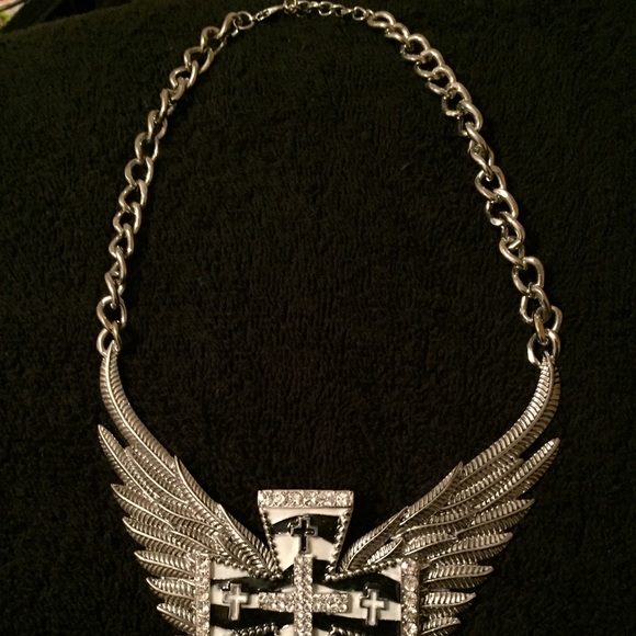Cross with wings necklace. Zebra print. 22" long. - Picture 3 of 3