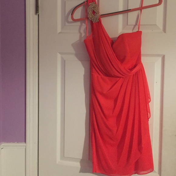 Hot coral one shoulder Grecian dress