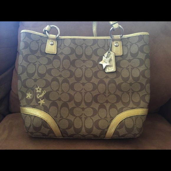Coach Signature Metallic Gold Star Tote