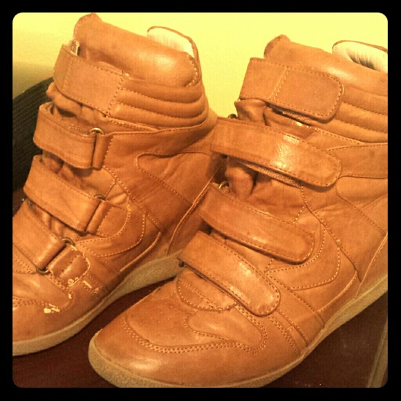 Camel Colored Pleather Wedge Sneakers