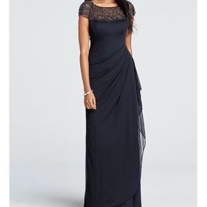 Cap Sleeved beaded illusion neckline long dress.