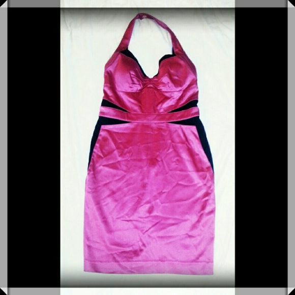 BEBE magenta and blk mini halter dress