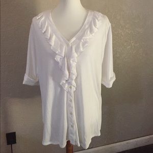 White button-down top with ruffle down the front