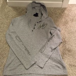 Gray long sleeve hooded Harley top