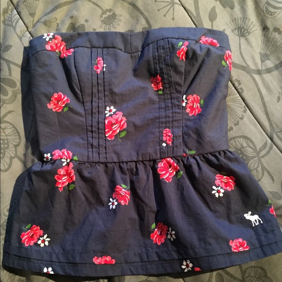 Navy blue strapless top with red roses