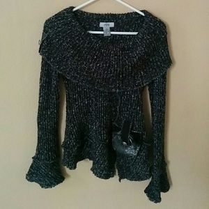 Cowl Neck Metallic Knit Sweater w Peasant Details