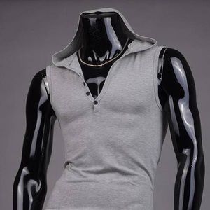 boutique Shirts - Mens Light Grey Sleeveless Hoodie Top Button Front boutique Shirts - Mens Light Grey Sleeveless Hoodie Top Button Front