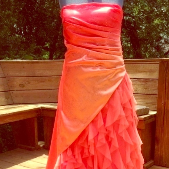 Orange strapless ombré prom dress