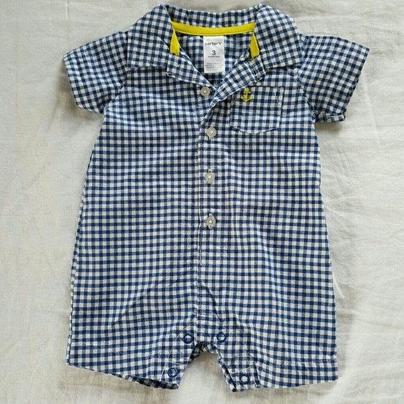Carter's Plaid Button Boys Romper Blue Gingham