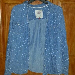 Long sleeved jean button up shirt w/ white hearts