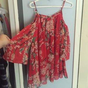 Red floral open shoulder dress