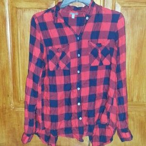 Red & Navy blue checkered button up shirt