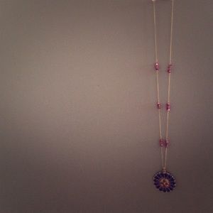 Gold Chained Long Necklace with Blue Pendant