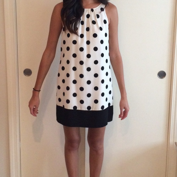 Black and white polka dotted shift dress