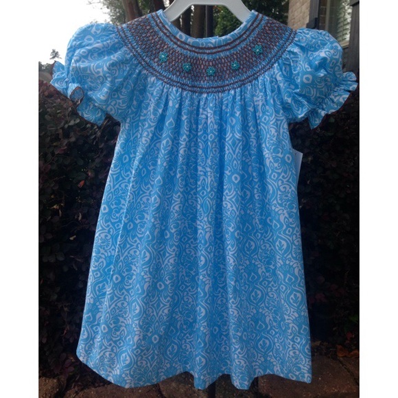Blue damask smocked bishop dress