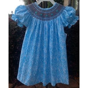 Blue damask smocked bishop dress