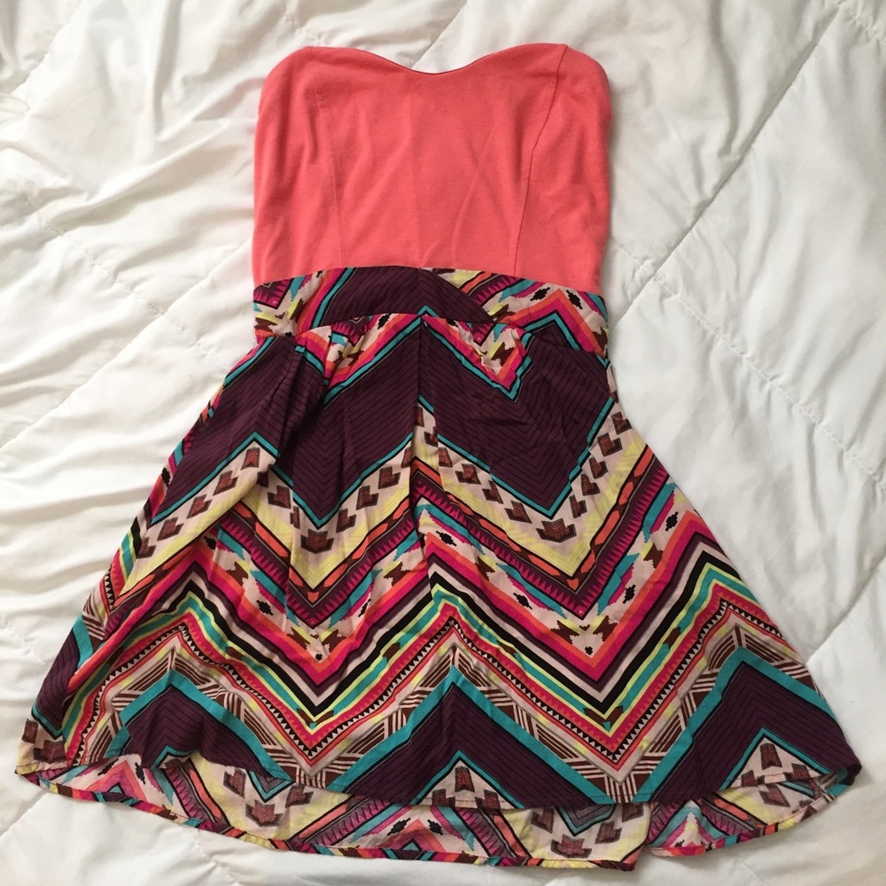 coral and tribal print strapless dress