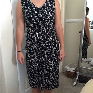 Mid calf length navy dress with white flowers