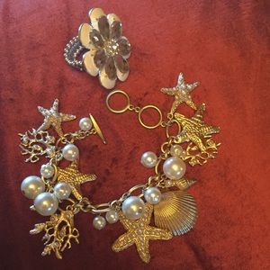 Star Fish Bracelet with Gold &Pearls, Flower Ring