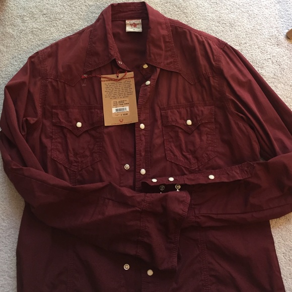 True religion medium long sleeve red button up!