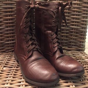Brown Lace Up Combat Boot With Side Zipper