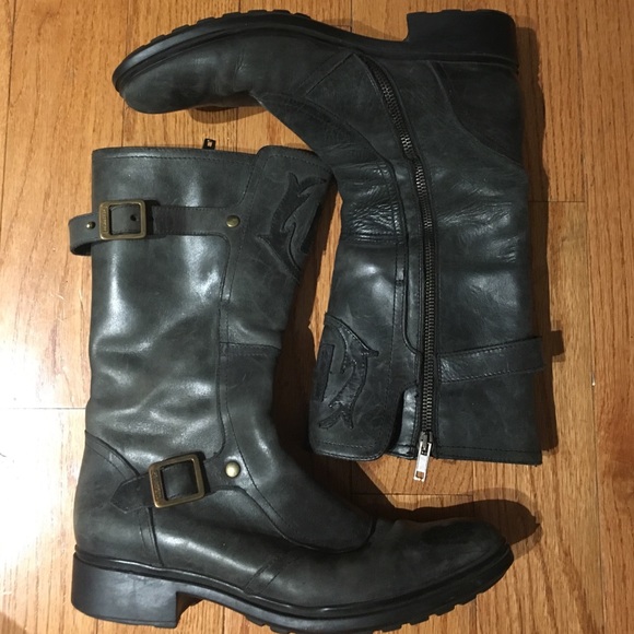 Hunter Leather Mid Calf Boots in Grey