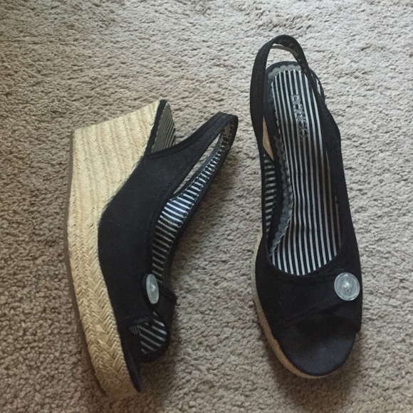 Black sling back wedge heels