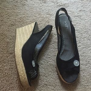 Black sling back wedge heels