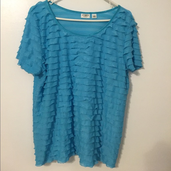 Turquoise ruffled short sleeve blouse