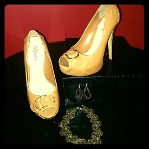 Light Brown Faux Leather Pumps w/ Buckle