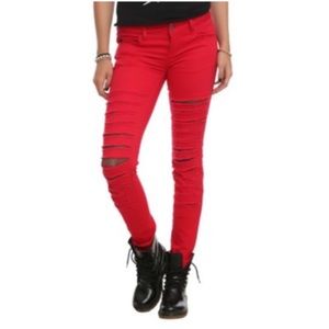 Shredded Red Skinny Jeans With Finshnet Hot Topic
