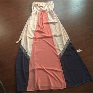 Strapless Pink and Purple Maxi Dress with Lace