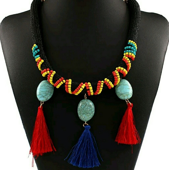 Festival Seed Bead Turquoise Tassel Boho Necklace